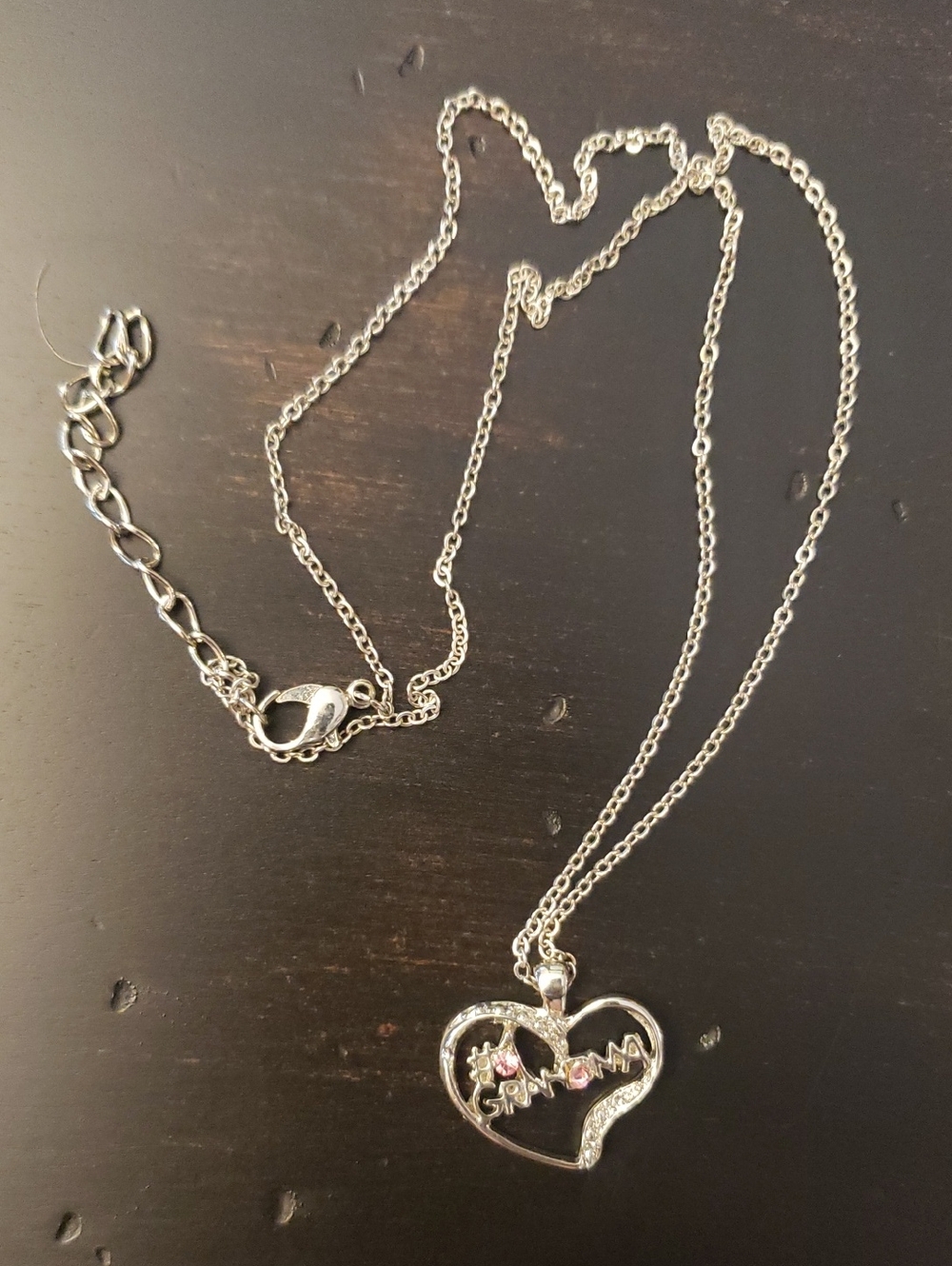 Silver Heart "#1 Grandma" Script Necklace With Pink Rhinstones - 18", Plus 2" - Picture 2 of 8